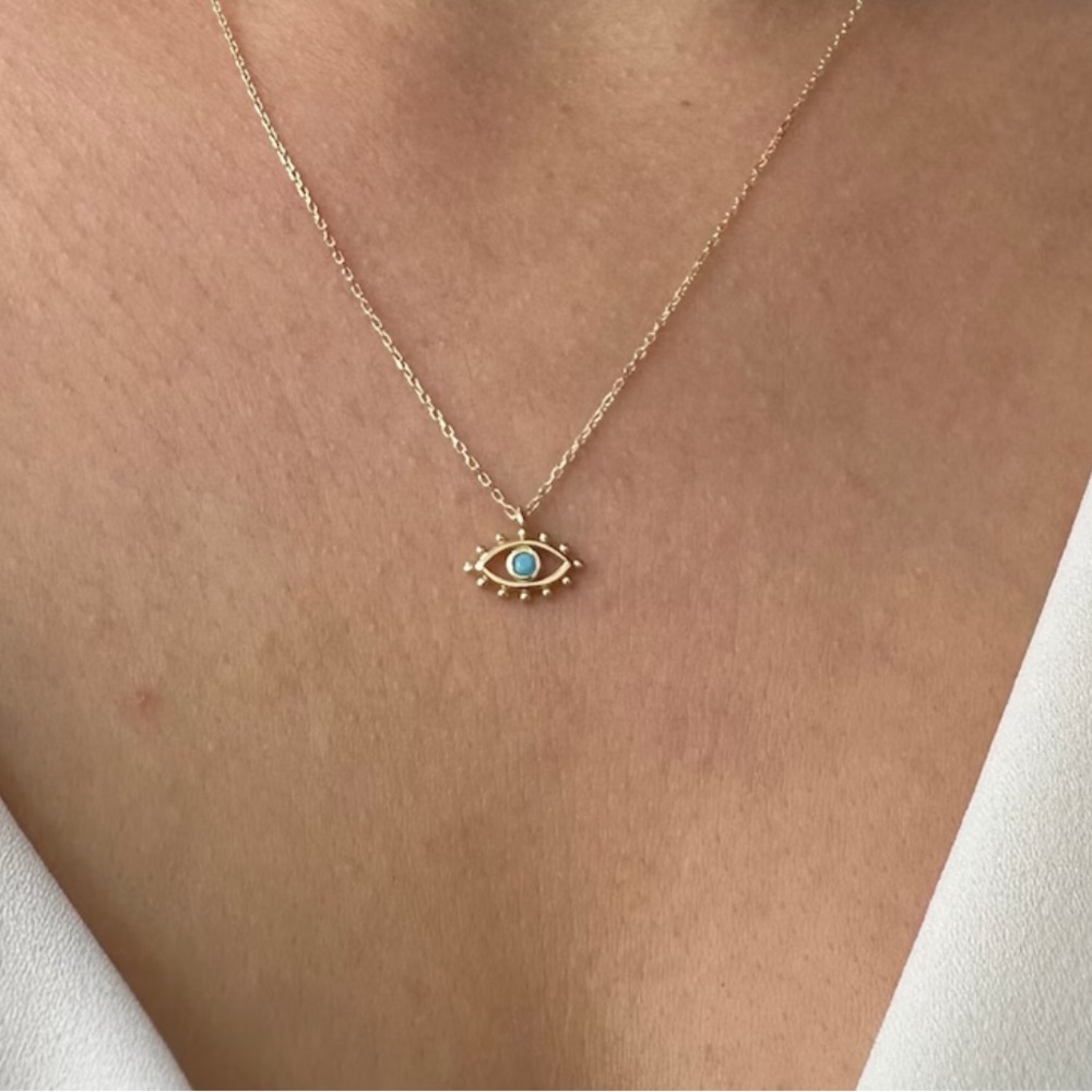 14K Gold Turquoise Beaded Evil Eye Pendant
